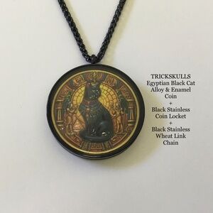 Egyptian Cat Alloy & Enamel Coin + Black Stainless & Glass Locket + Black Chain